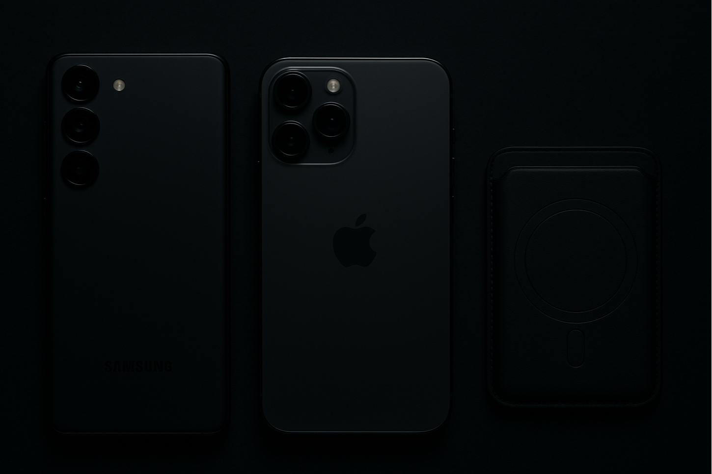 keep the samsung on the left, iphone in the middle and magsafe wallet on thr ight. Use the magsafe siymbol instead of the apple logo on the wallet